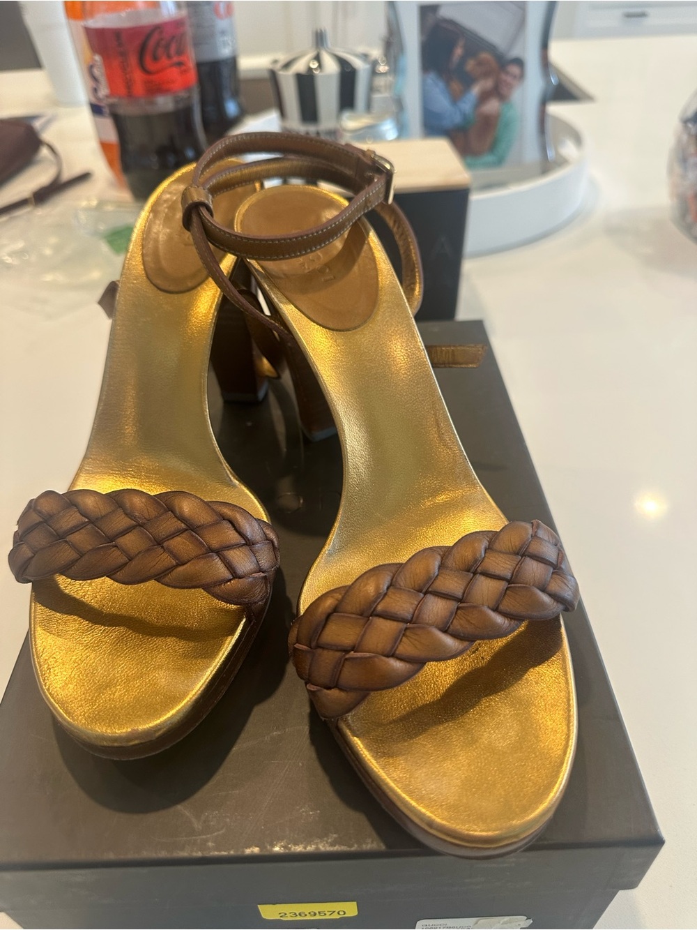 GUCCI Braided Strap Brownish Gold Leather High Heel Sandals - Women's